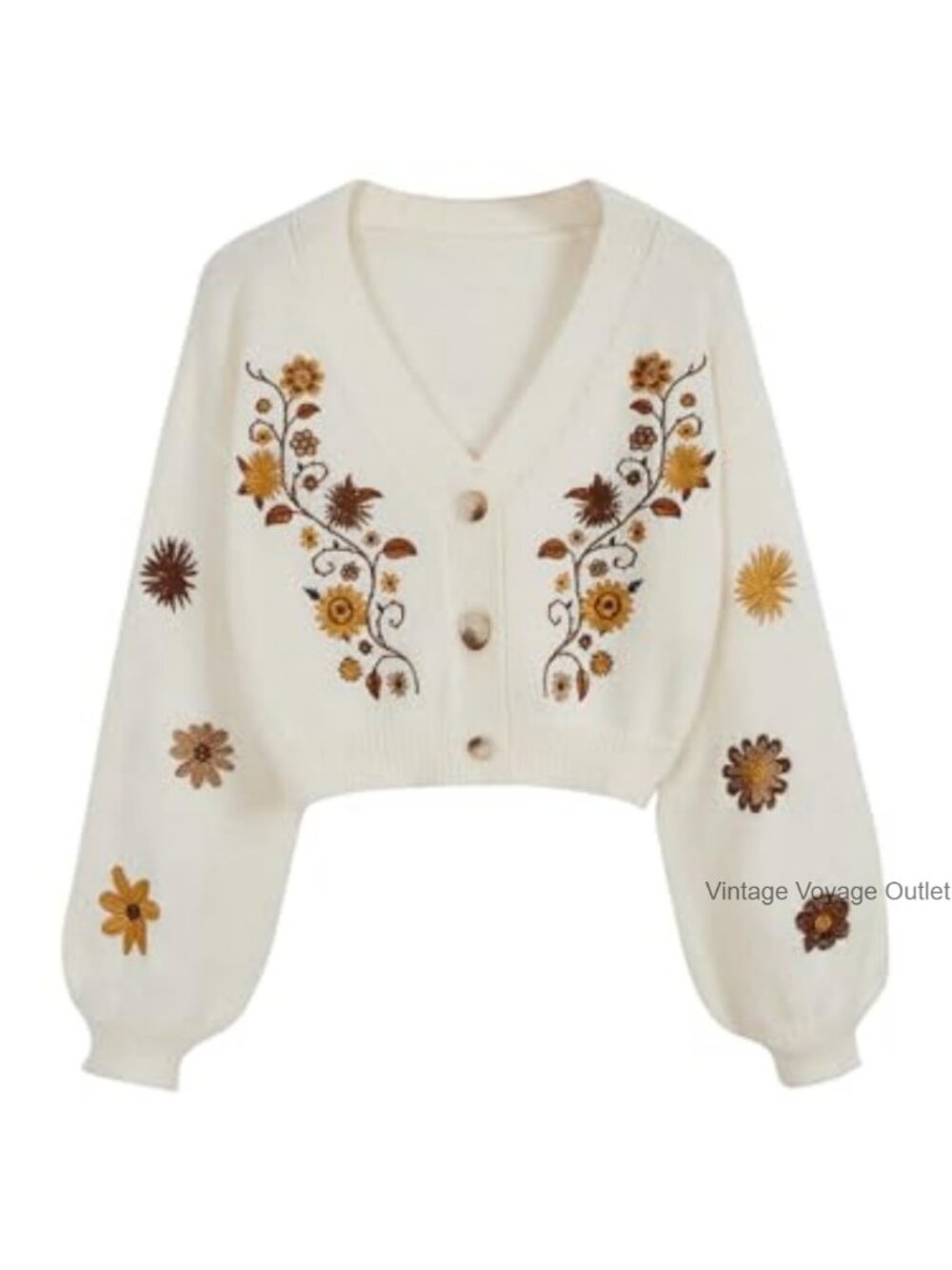 Boho Embroidered Crop Cardigan V-Neck Button Loose Knit Sweater